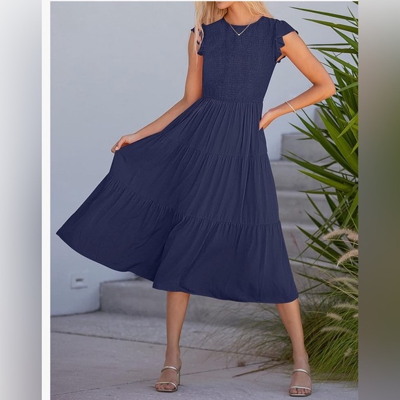 MEROKEETY  Flutter Short Sleeve Smocked Midi  Summer Casual Tiered A-Line Dress - Picture 6 of 8